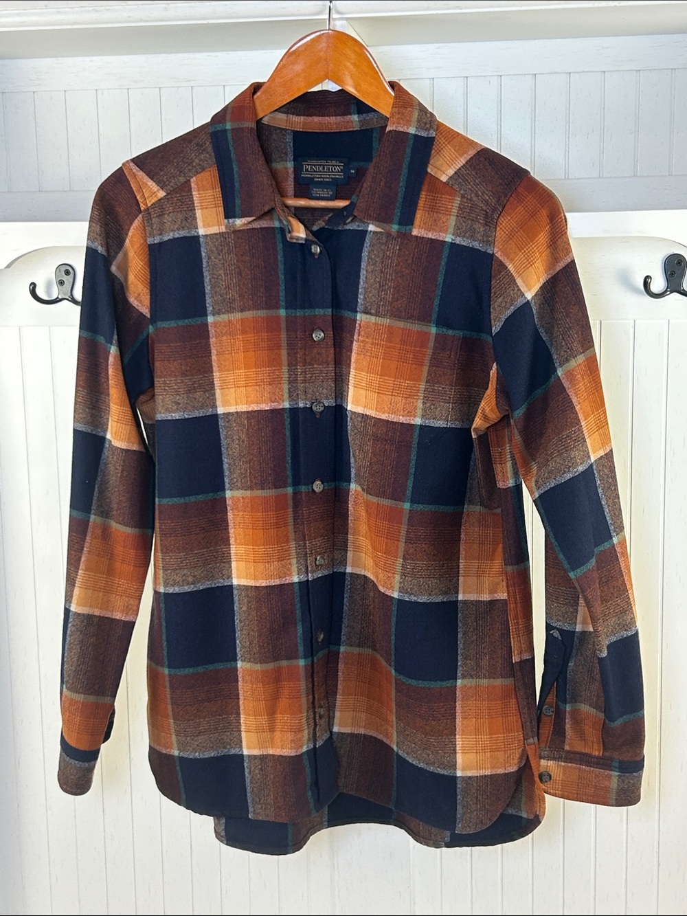Pendleton Virgin Wool Plaid Flannel Shirt Mens M Orange Blue